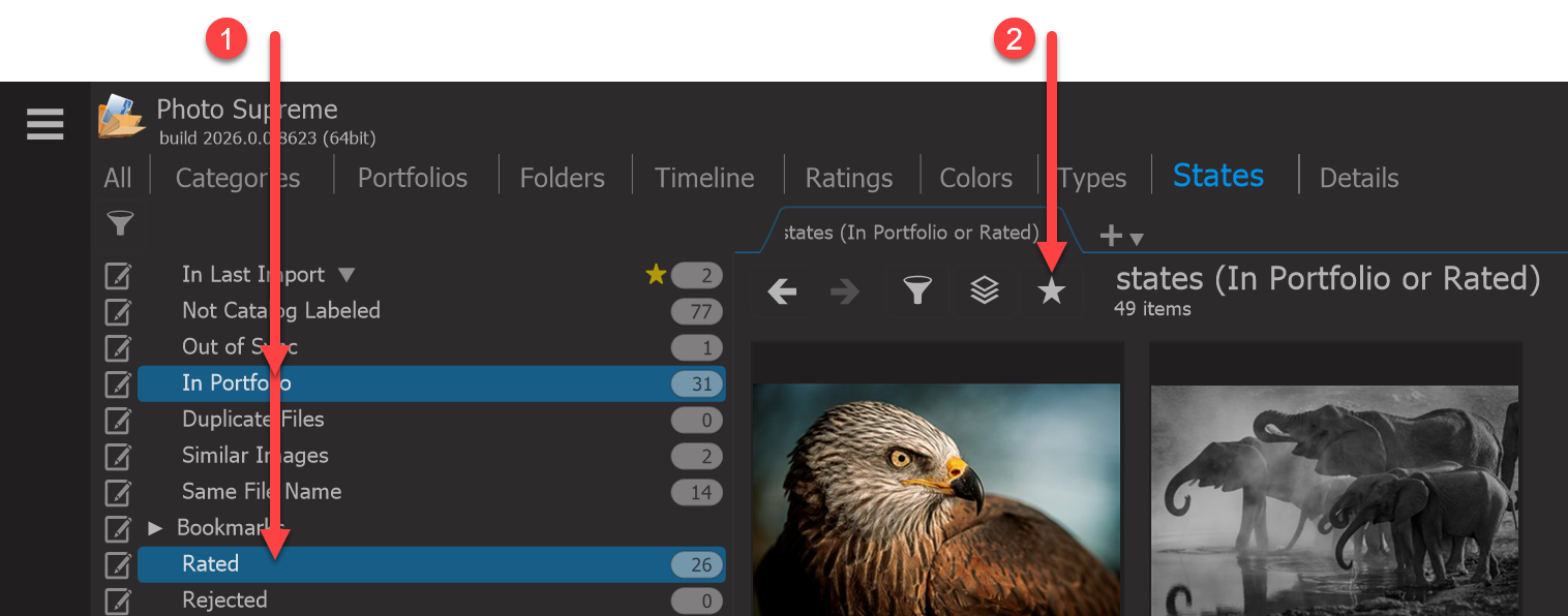 Photo Supreme screen for Filtering with Favorites