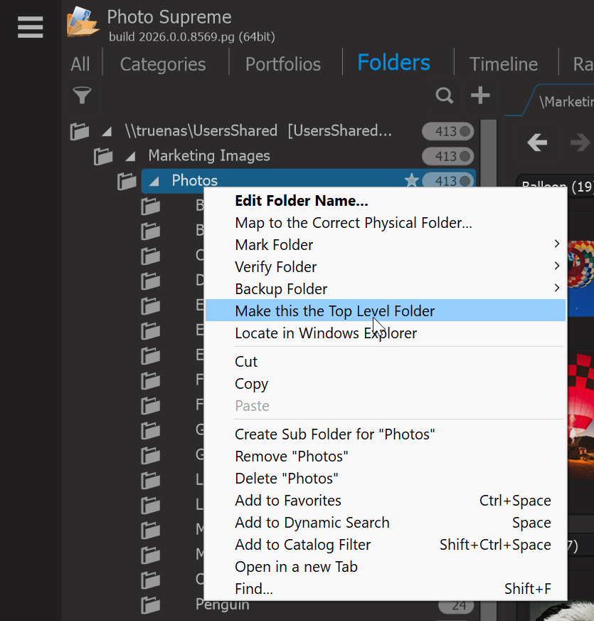 Photo Supreme screen for Setting a Top-Level Folder