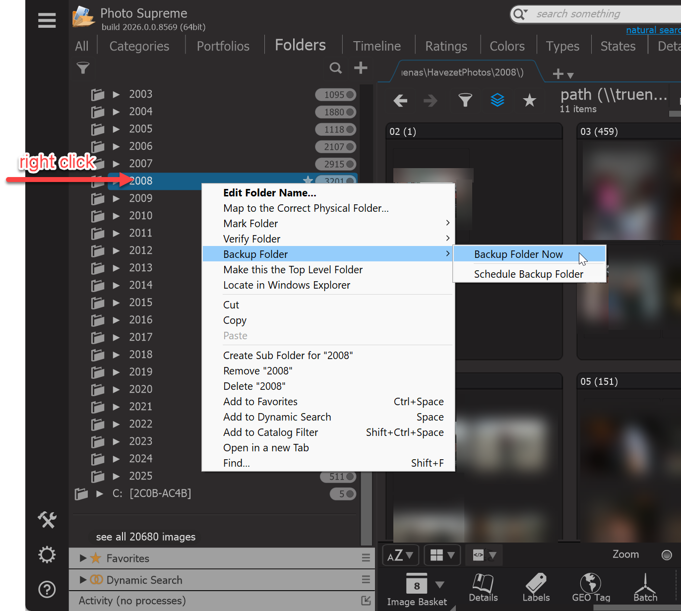 Photo Supreme screen for Manual folder backup