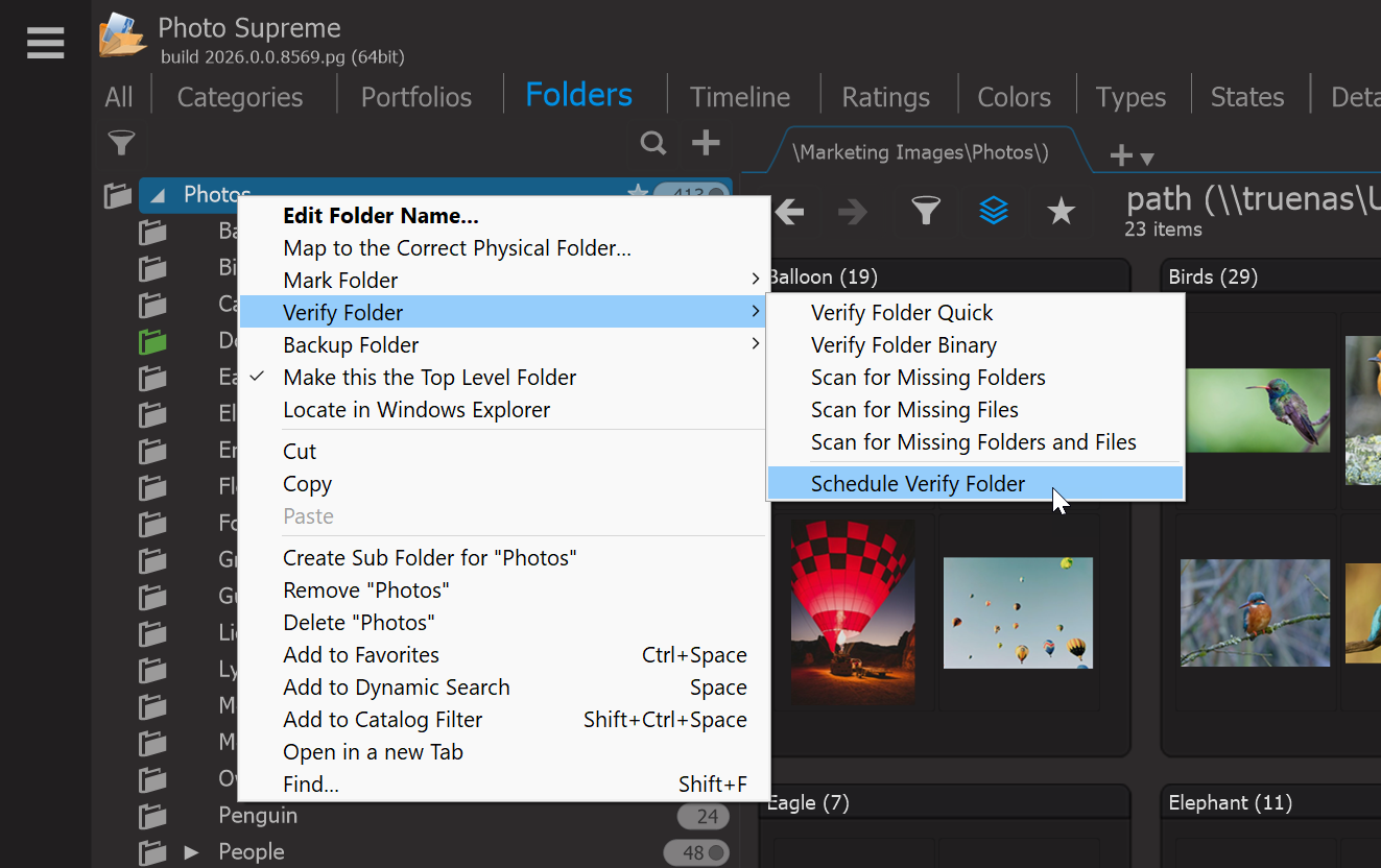 Photo Supreme screen for Schedule Folder Verification