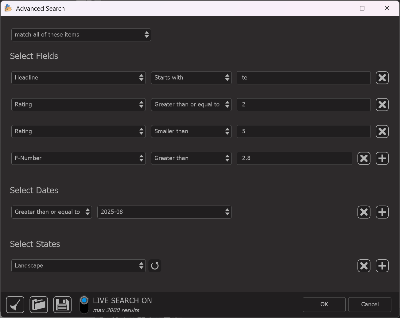 Photo Supreme screen for Live Searches