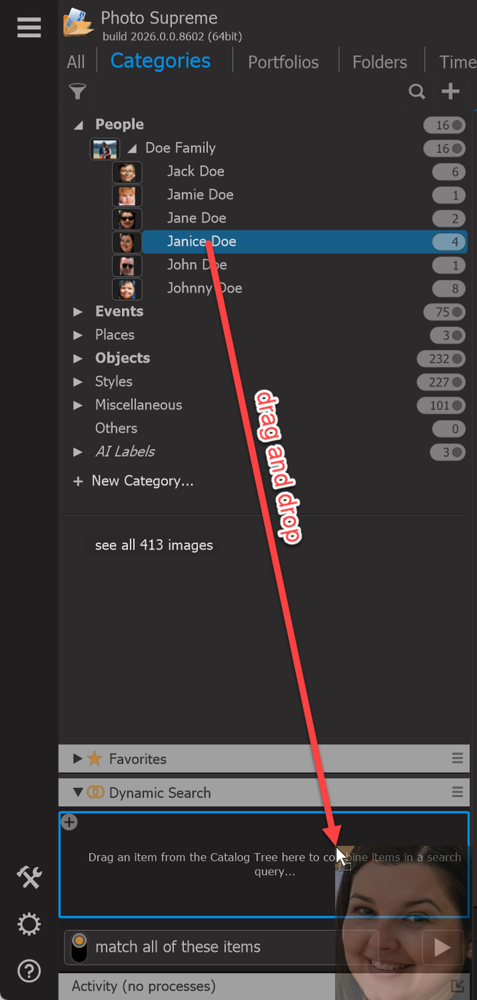 Photo Supreme screen for Adding items to the Dynamic Search Panel